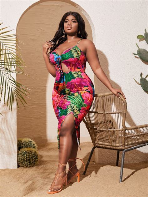 Shein Slayr Plus Tropical Print Cut Out Tie Front Slit Thigh Bodycon