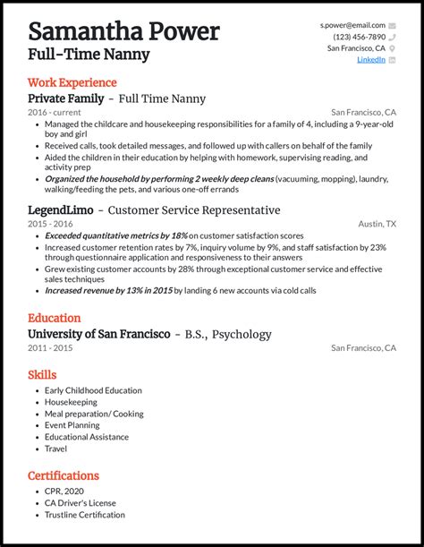 nanny resume examples  work