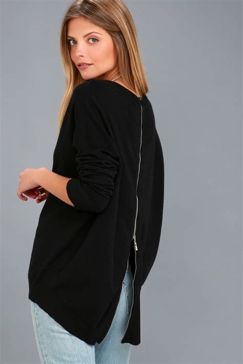 Cute Black Sweater Top Zip Back Sweater Long Sleeve Top Lulus