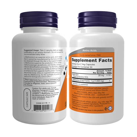 L Methionine 500 mg 100 Cápsulas Now Foods BH Suplementos