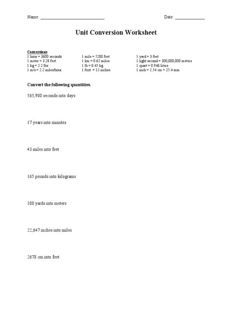 Unit Conversion Worksheet: Name: - Date | PDF