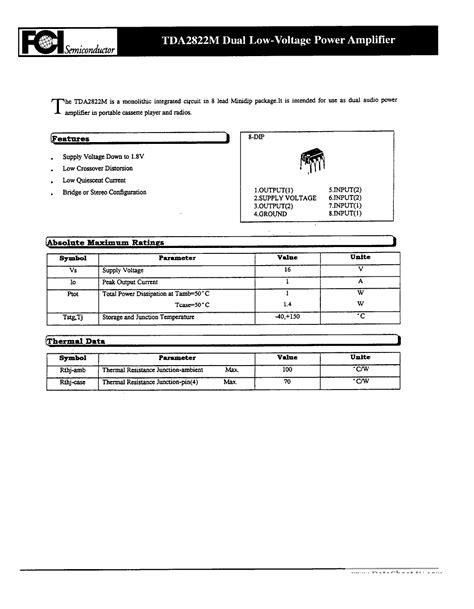 TDA2822M Datasheet PDF Pinout DUAL LOW VOLTAGE POWER AMPLIFIER