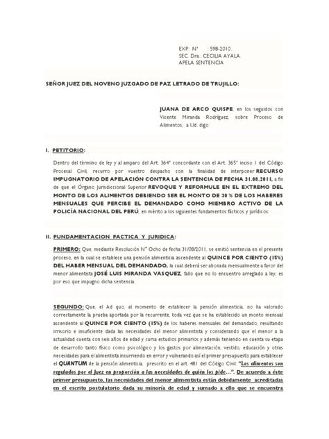 Modelo Recurso De Apelacion Contra Sentencia Alimentos Manutención De