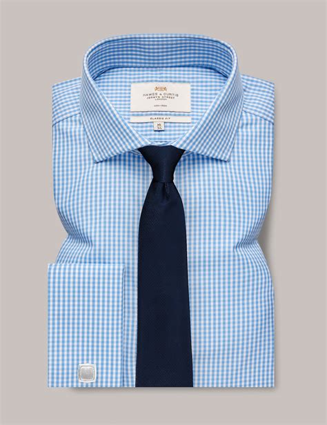 Non Iron Blue White Gingham Check Classic Shirt Windsor Collar