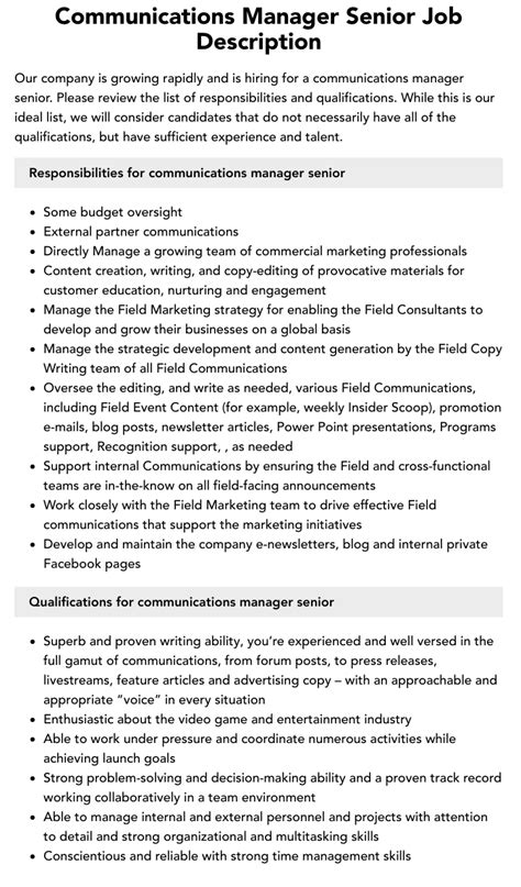 Communications Manager Senior Job Description Velvet Jobs