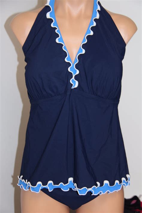 Nwt Profile Swimsuit Tankini Bikini Pc Set Plus Sz W Halter High Waist Navy Ebay
