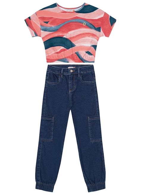 Conjunto Jeans Cargo Menina Vermelho Carinhoso