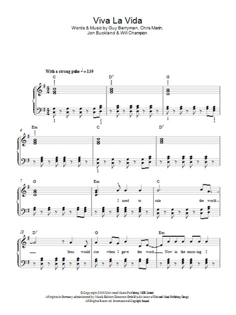 Viva La Vida Sheet Music Coldplay Easy Piano