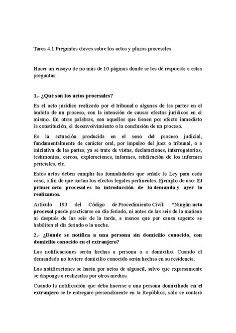 Actos Y Plazos Procesales Tarea Preguntas Claves Sobre Los Actos Y