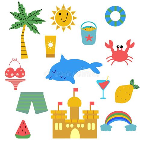Summer Cute Element Illustration Fish Bikini Crab Sun Watermelon Lemon Stock Vector