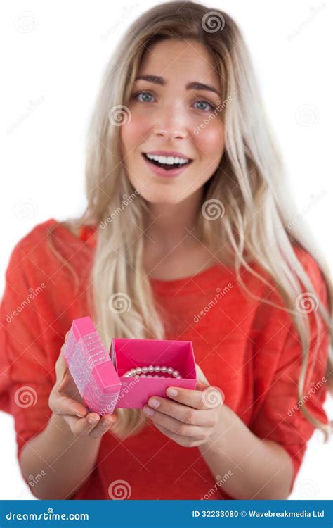 Surprised Blonde Woman Opening Gift Stock Photo Image Of Female Fashionable 32233080