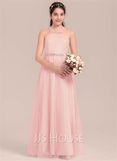 Square Neckline Floor Length Tulle Junior Bridesmaid Dress With Ruffle