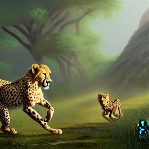 Cheetah And A Lion Run Through The Forest And See A Stable Diffusion