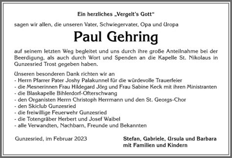 Traueranzeigen Von Paul Gehring Allg Uer Zeitung