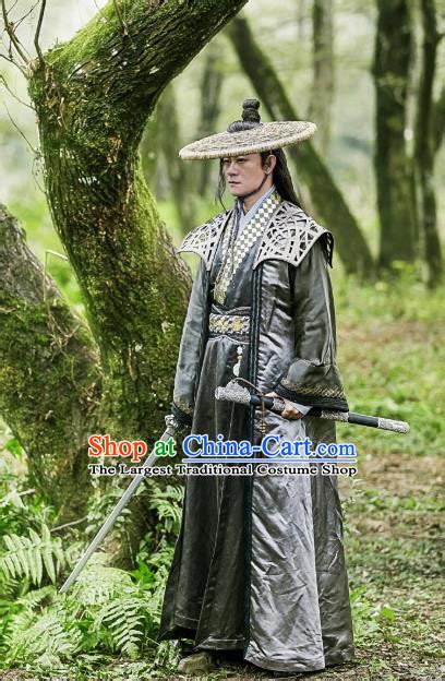 Ancient Chinese Swordsmen Costume And Bamboo Hat Complete Set For Men