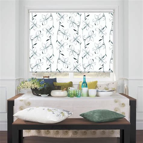 Emerald & White Floral Outline Patterned Blackout Roller Blinds