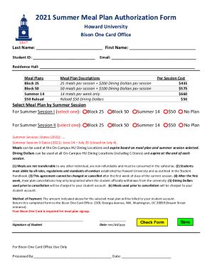 Fillable Online Summer Meal Plan Authorization Form Fax Email