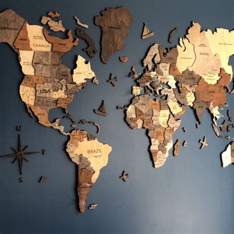 Wooden World Map Wall Art Rustic Wall Decor Push Pin Travel Etsy World Map Wall Art Map