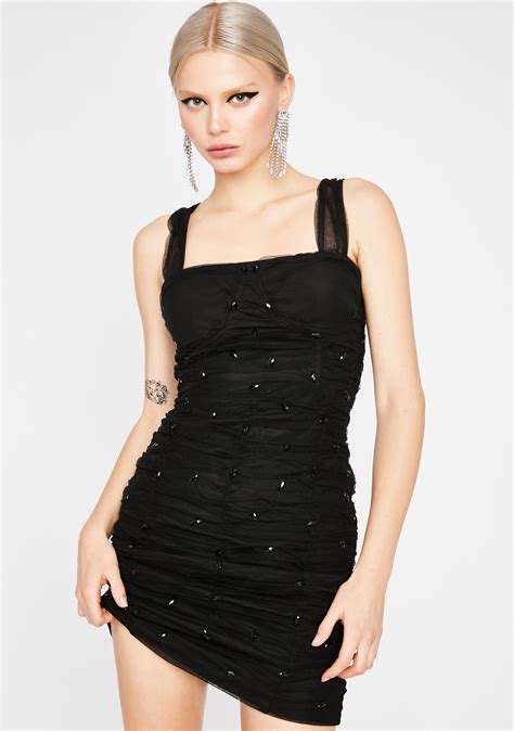 Sparkly Rhinestone Ruched Bodycon Mini Dress Black Dolls Kill