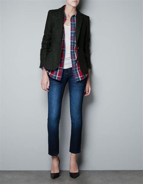 Zara Checked Blazer With Elbow Patches In Black Khaki Lyst