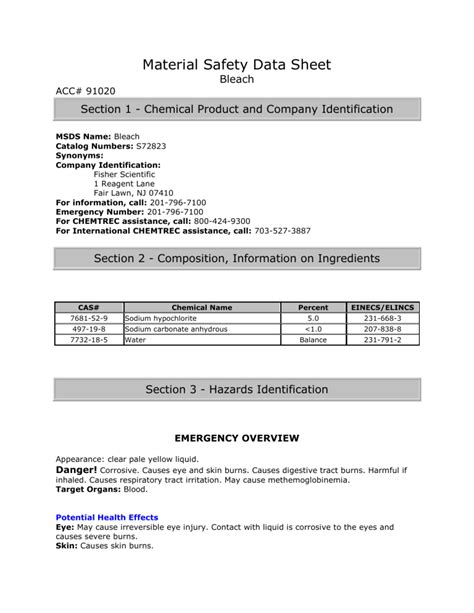 Bleach Safety Data Sheet Keith Graham