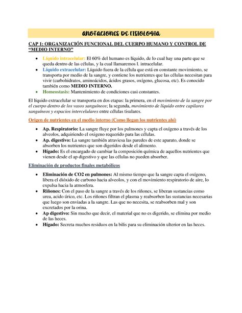 Resumen CAP 1 Guyton ANOTACIONES DE FISIOLOGIA CAP 1 ORGANIZACIÓN