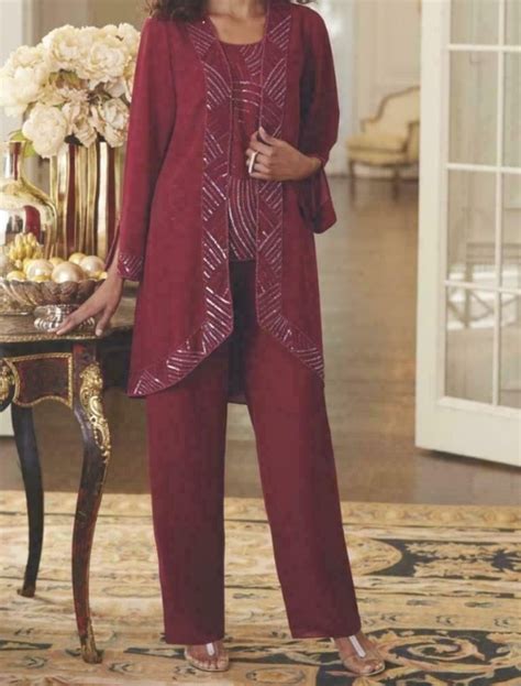 Burgundy Chiffon Mother Of The Bride Pant Suits With Jacket Beaded