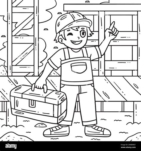 Construction Worker With Toolbox Coloring Page Stock Vector Image And Art
