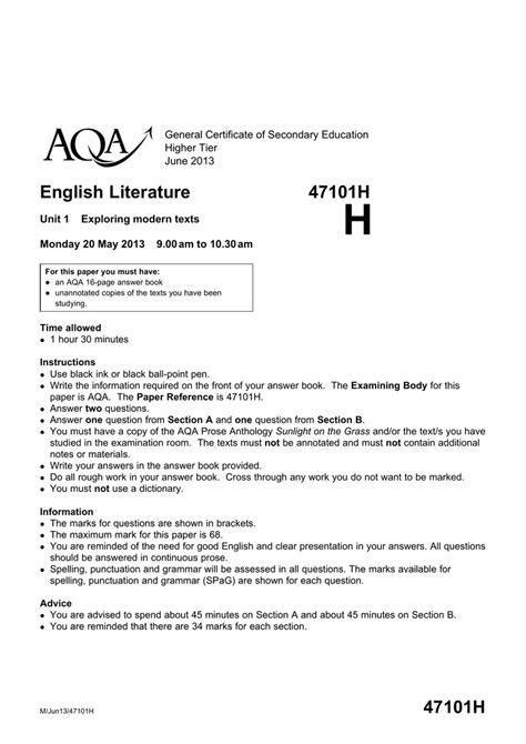 GCSE English Literature Question Paper Unit 01 Exploring