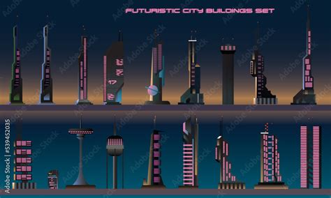 Sci Fi Flat Style Futuristic Buildings Set Cyberpunk Architecture