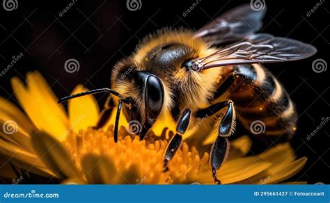 Bee On The Yellow Flower Detailed Portrait Close Up View In Front Of