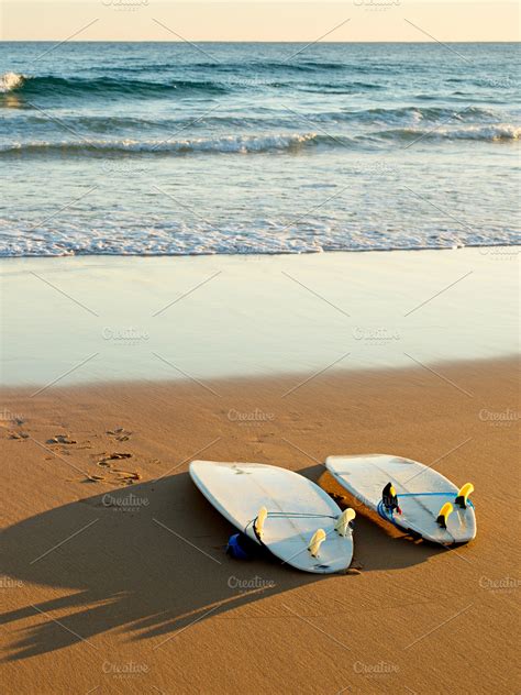 Surfboards On The Beach Nature Photos Creative Market