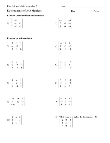 Determinants of 3X3 Matrices Worksheet for 11th - 12th Grade | Lesson ...