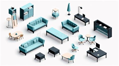 Set Of Isometric Office Furniture With Desk And Chair Icons Stock