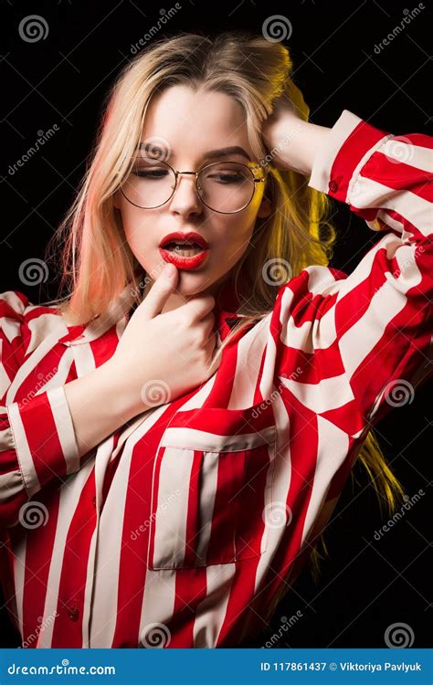 Closeup Portrait Of Fabulous Blonde Model With Red Lips Wearing Stock