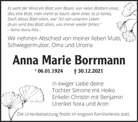 Traueranzeigen Von Anna Marie Borrmann Abschied Nehmen De