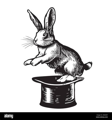 Rabbit Jumping Out Of Magician Hat Hand Drawn Sketch Illustration Stock