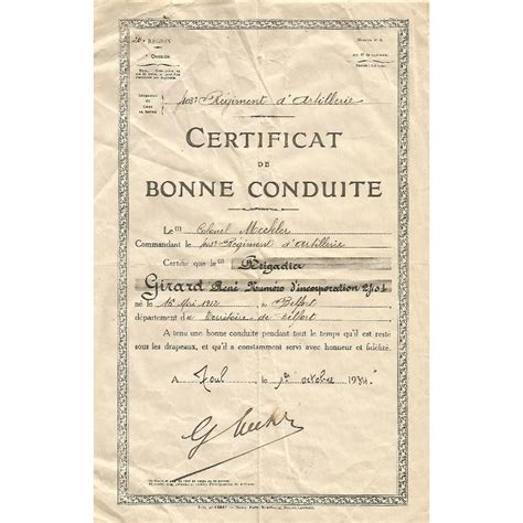 Certificat de Bonne Conduite 403ème Régiment d Artillerie Belfort Toul