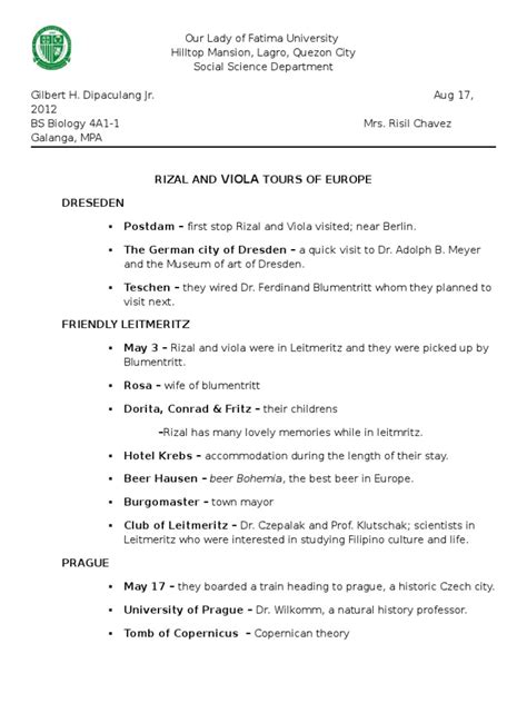 Rizal And Viola Tours Of Europe Pdf Switzerland Catholic Church