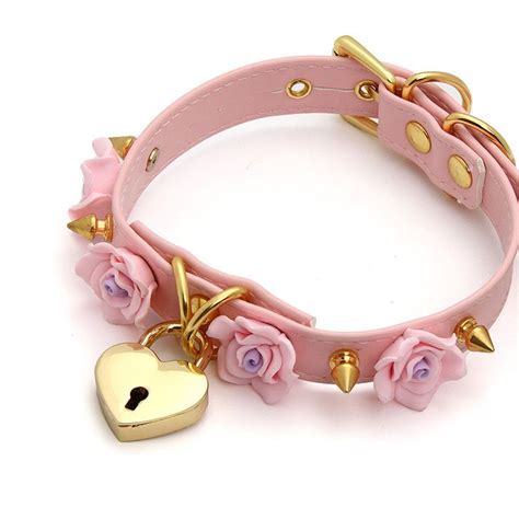 Handmade Cosplay Studded Flowers Leather Heart Lock Choker