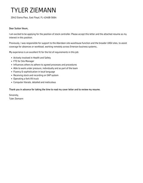 Stock Controller Cover Letter Velvet Jobs