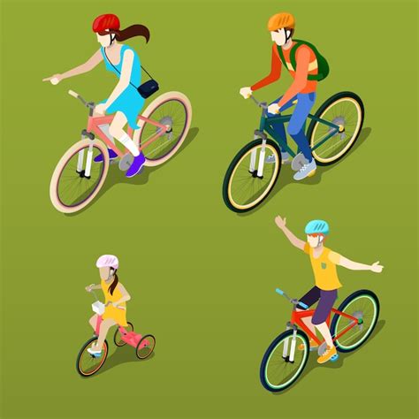 Gente isométrica bicicleta isométrica ciclistas familiares Vector