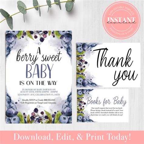 Editable Berry Blueberry Baby Shower Bundle Set Of Berry Etsy