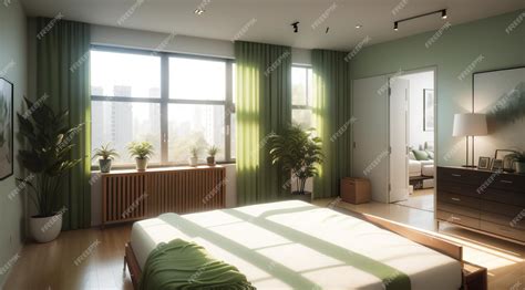 Premium AI Image | A modern bedroom with wooden furniture in green tone