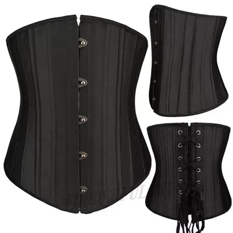 Women Satin Black Lace Up Waist Trainer Spiral Steel Boned Shapewear