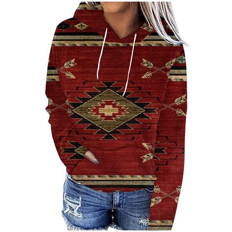 Cotonie Aztec Printed Long Sleeve Drawstring Hoodies Pullover For Women