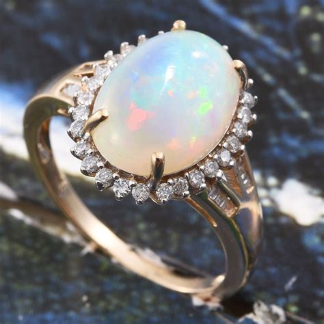 K Yellow Gold Ethiopian Welo Opal And Diamond Split Ring Jewelry