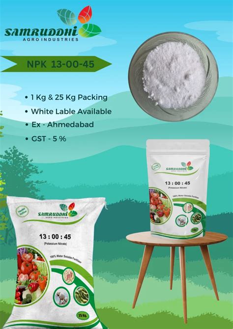 Powder White Potassium Nitrate 13 00 45 HDPE Bag Packaging Size 25