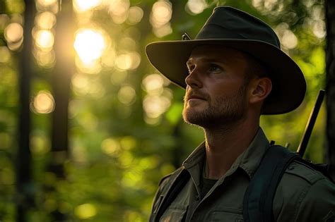 Close Up On Park Ranger In Woods Premium Ai Generated Image