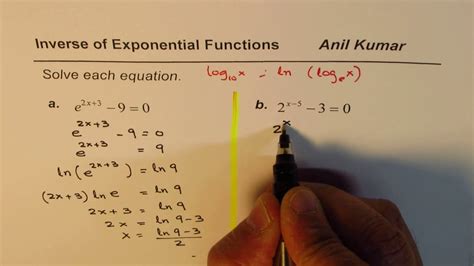 How To Apply Inverse Of Exponential Functions Log To Solve Equations Youtube